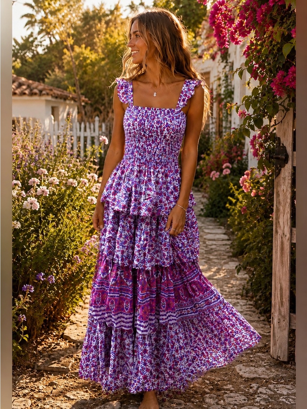Abel The Label Floral Tiered Maxi Dress Smocked Boho Cottagecore Medium